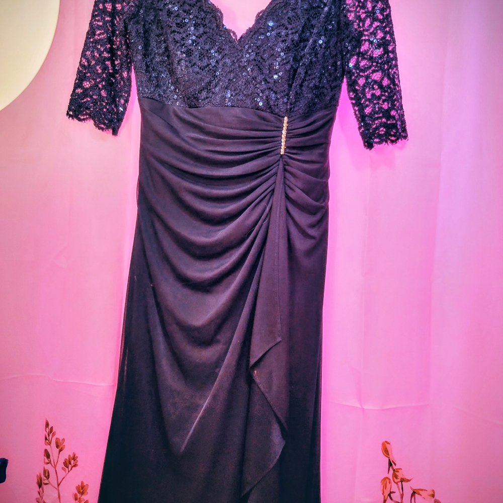 Betsy & Adam Navy Blue Sequin Lace Maxi Dress